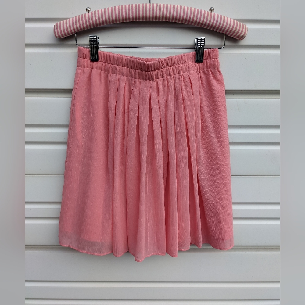LOFT Mini Skirt Coral XXS pleats flowy sheer light weight dressy elastic waist